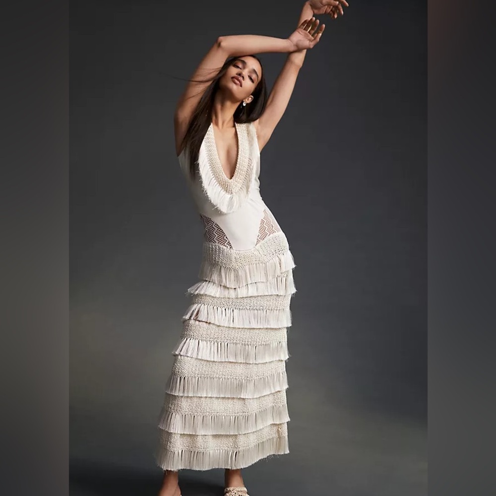 PatBo Plunging Fringe Trim Maxi Dress in Bone